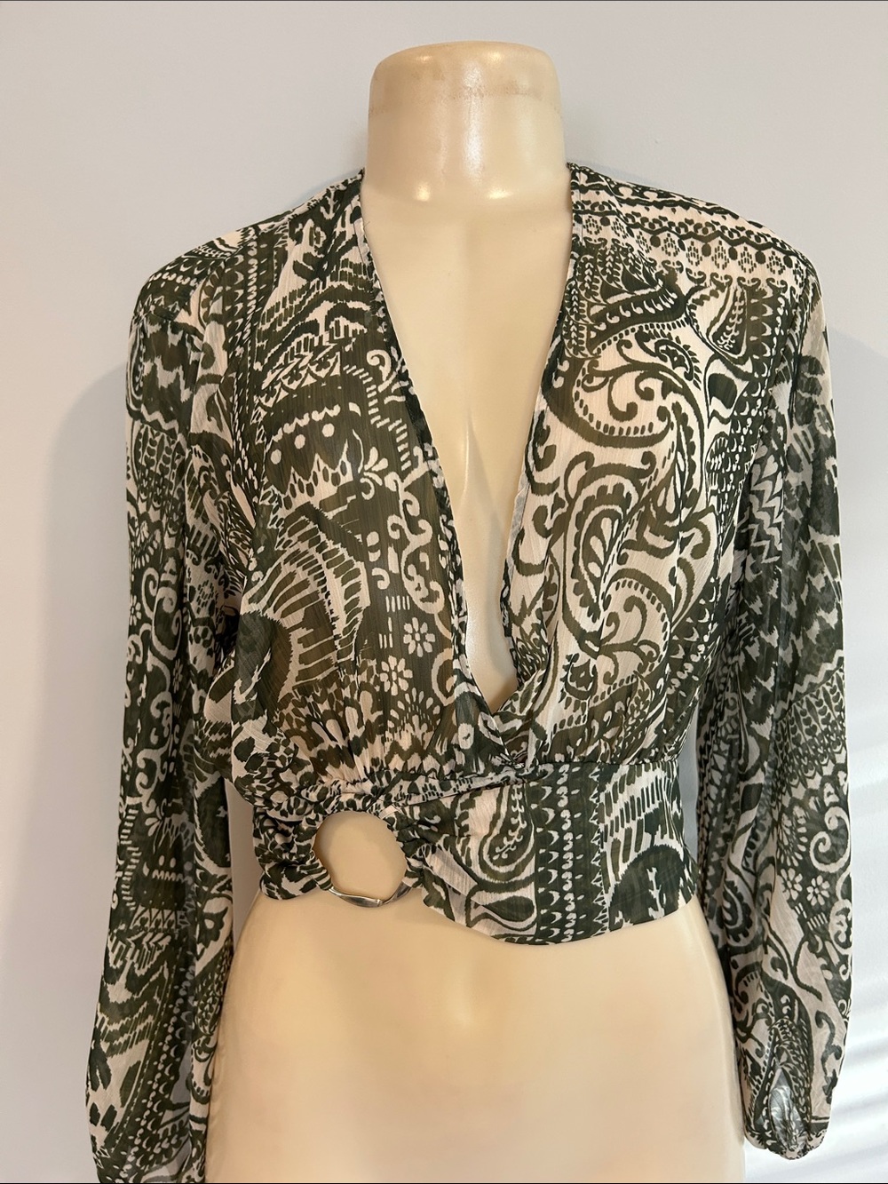 Women's Olive Green and Cream Paisley Wrap Crop Top